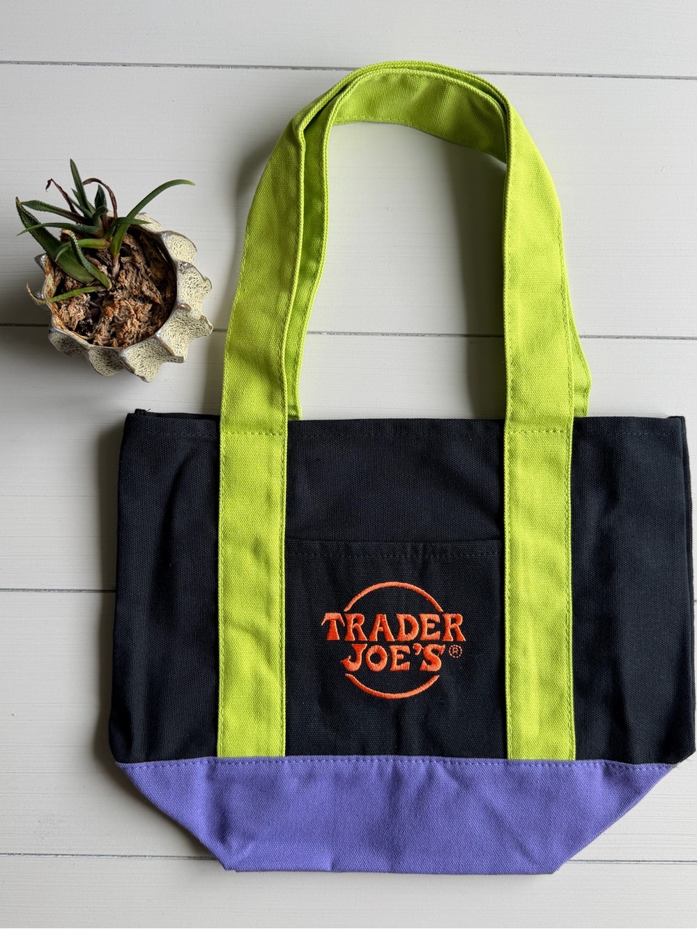 Trader Joe's Colorblock in Black Canvas Tote with Lime Handles and Purple Base